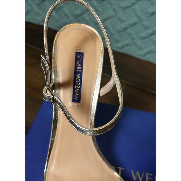 Stuart Weitzman Silver Ankle Strap Block Heel Women's Sandals New in Box - Picture 5 of 9